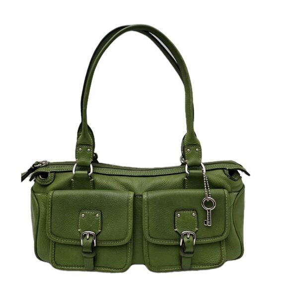 Fossil Handbags - Fossil Satchel Purse Tote Green Leather Top Handles Buckle Pockets Doctors Bag